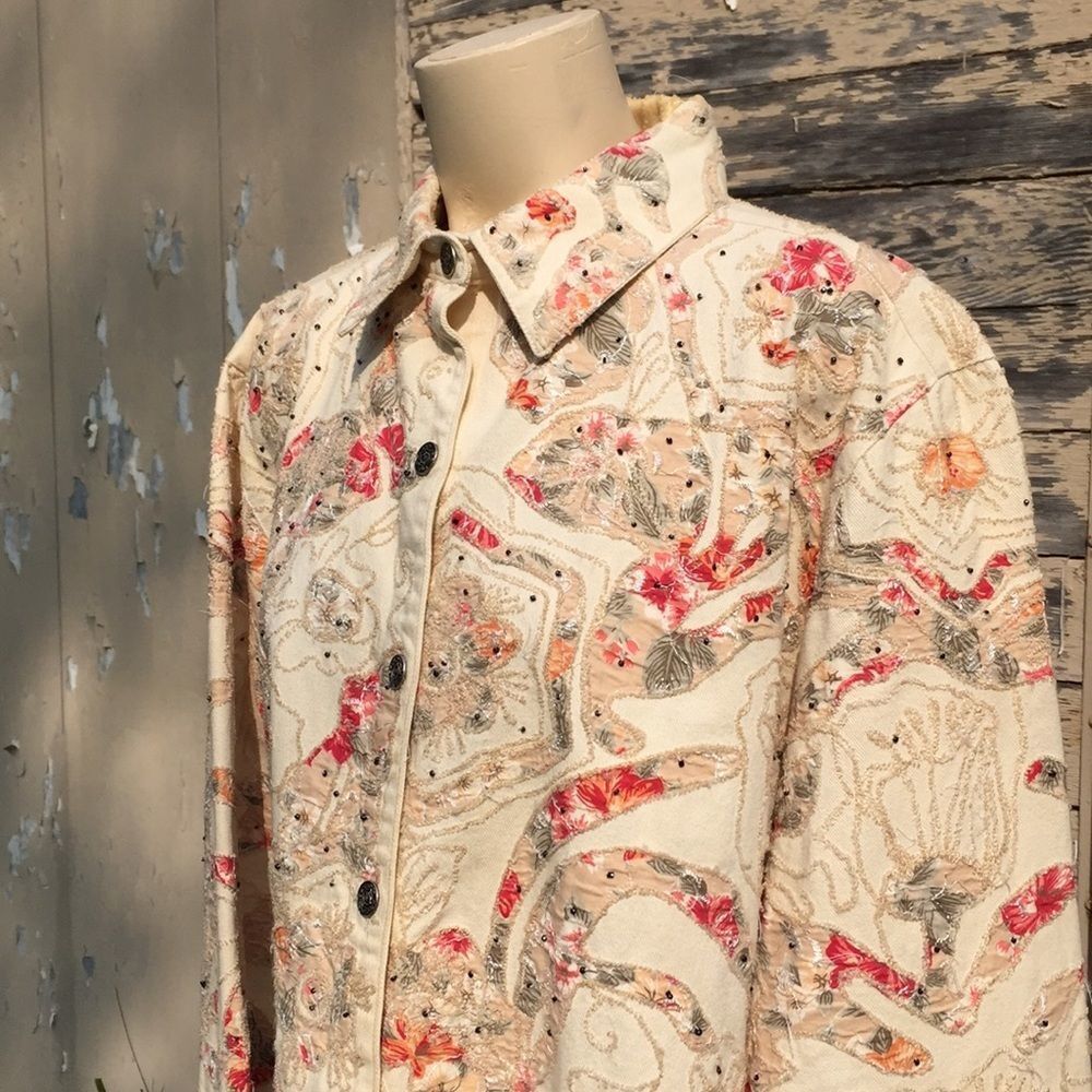 Chico's cream denim jacket, applique', beads